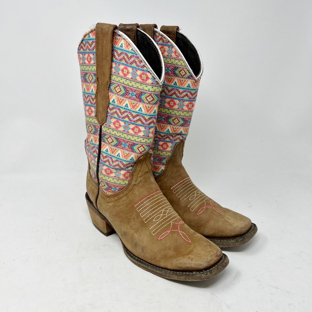 Ranchers Woman’s Boots 6 ½ Brown Leather w/ Colorful Cloth Uppers Western Cowboy